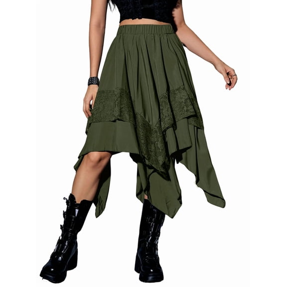 Women'S Renaissance Flowy Fairy Skirt Y2k Contrast Lace Layered Asymmetrical Midi Skirts Olive Green L