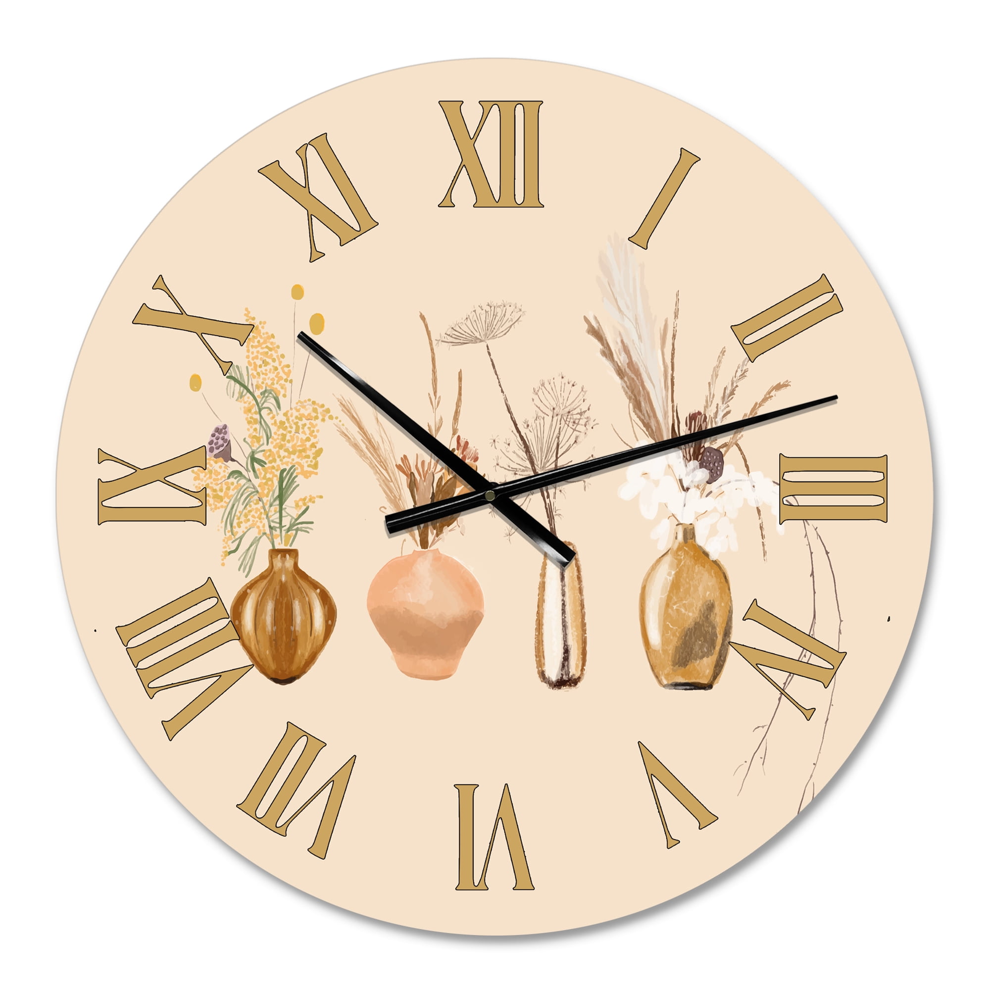 Designart 'Bouquets Of Wildflowers In Gold Vases Ii' Traditional Wall Clock
