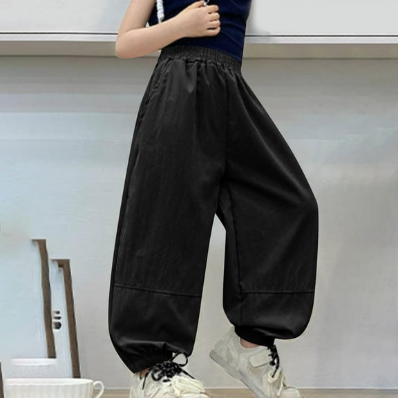 uublik Cargo Pants Teen Girls 1-13 Years Elastic Waist Casual Loose Cargo Trousers with Pockets Street Dance Jogger Pants Kids Black