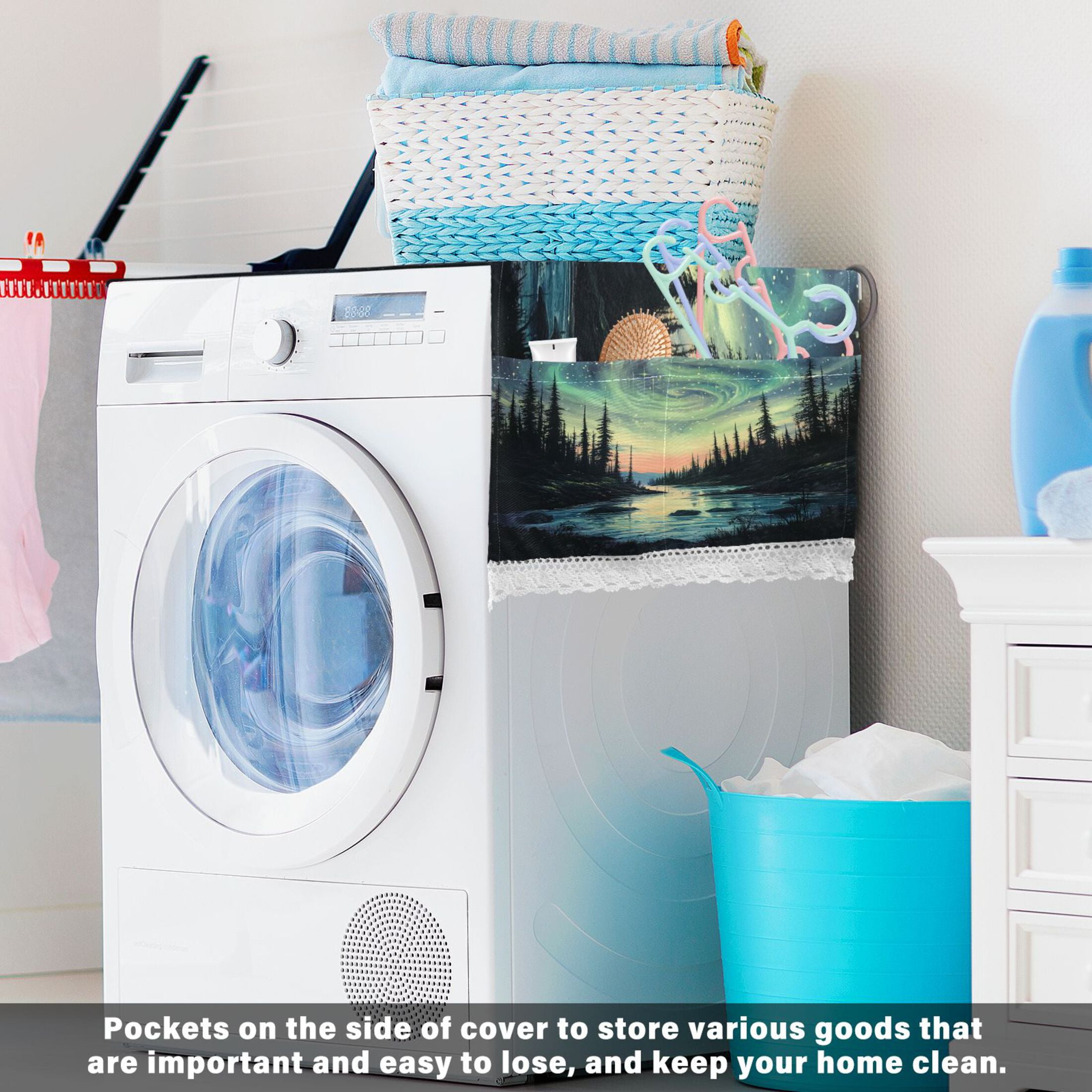 AuroraWasher and Dryer Covers Dust-Proof and Oil Resistant Fridge Cover with 4 Storage Pockets Washing Machine Top Cover for Laundry Kitchen Home 51.2 x 22 In