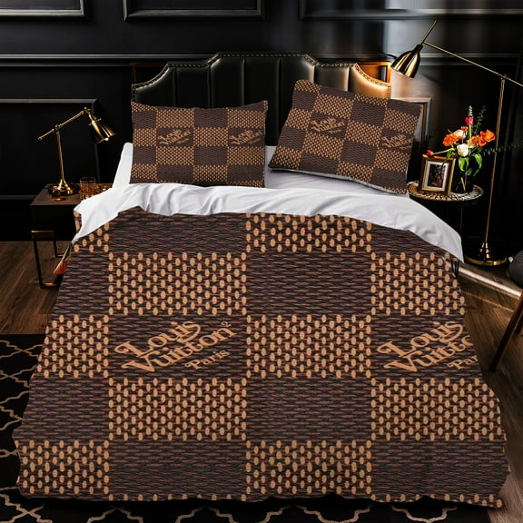 Luxurious 3-Piece Duvet Cover Set - Brown & Beige Checkered Pattern Stylish Bedding for Elegant Bedrooms