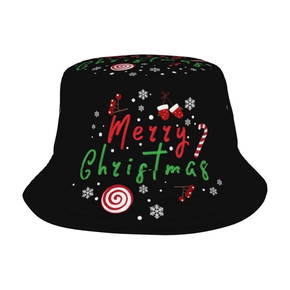 OOOUM Christmas Graphic Bucket Hat For Men Women Flat Top Packable Fisherman Cap Party Festival Holiday Hat Black