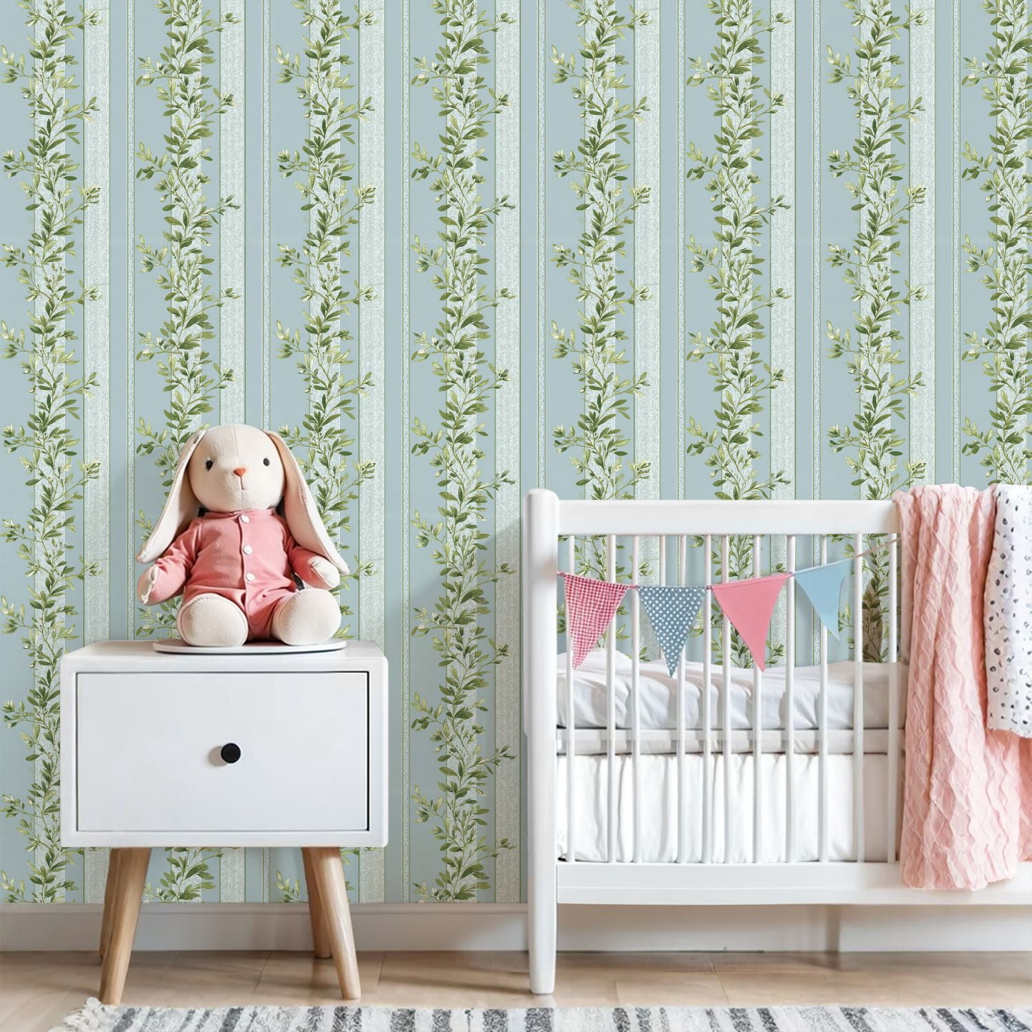 Sage Green Peel and Stick Wallpaper Vintage Botanical Floral Green Leaves Blue Wall Mural 23.6in x 9.8ft Self Adhesive Removable Wall Paper Renter Friendly Wallpaper for Girls Bedroom