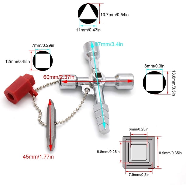 Llave multifunción de 4 vías, práctica llave de armario universal, llave cruzada universal para contadores de agua y electricidad, radiadores, contadores de gas, ascensores, altura 8,7 cm (plata) XianweiShao 1327533297523