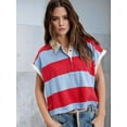 thumbnail image 5 of Womens Striped Short Sleeve V Neck Button Down Color Block Loose Pullover Tops Red XL, 5 of 7