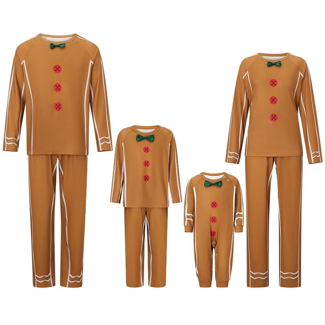 Pijamas familiares a juego para Navidad 2025, conjunto de ropa de dormir con top y pantalones con estampado de hombre de jengibre y lazo para bebé