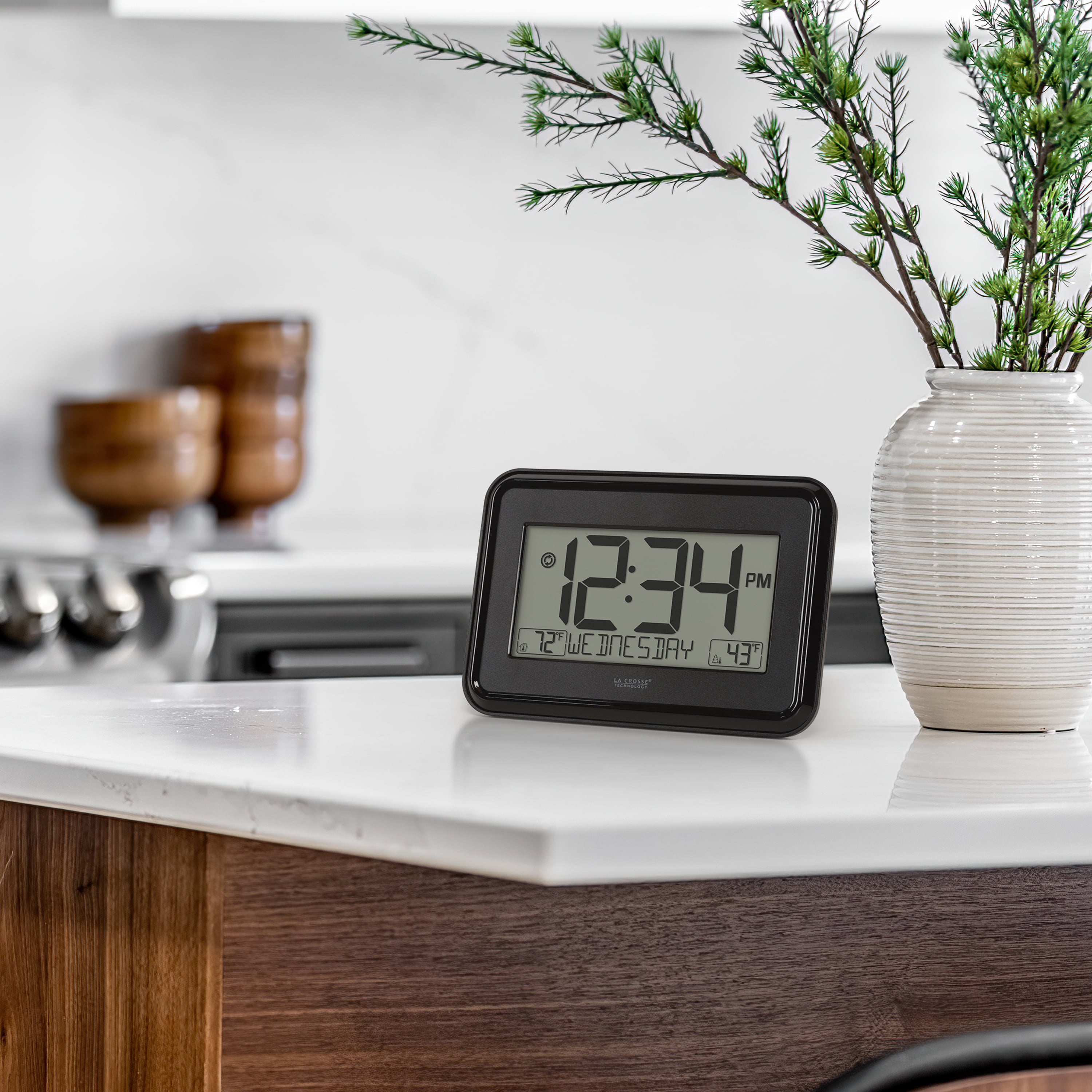 La Crosse Technology Black Digital Wall Clock with Indoor & Outdoor Temperature, 513-1412