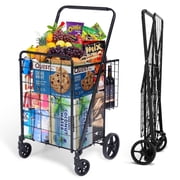 Naipo Folding Shopping Cart with Wheels and Double Basket Folding Utility Shopping Cart with Waterproof Removable Lining Portable Lightweight Trolley 180 LBS Capacity for Grocery Laundry