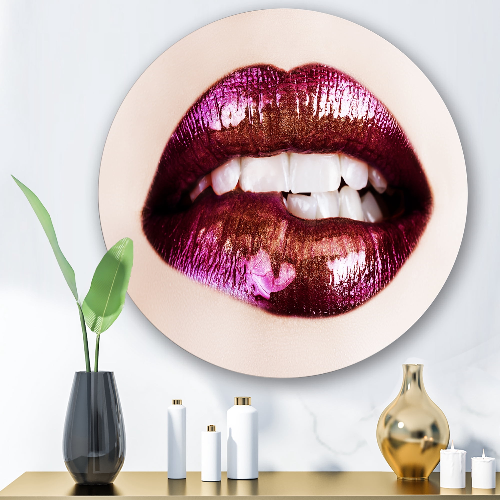 Designart 'Close-Up Of Purple Female Lips' Modern Circle Metal Wall Art 23x23 - Disc of 23