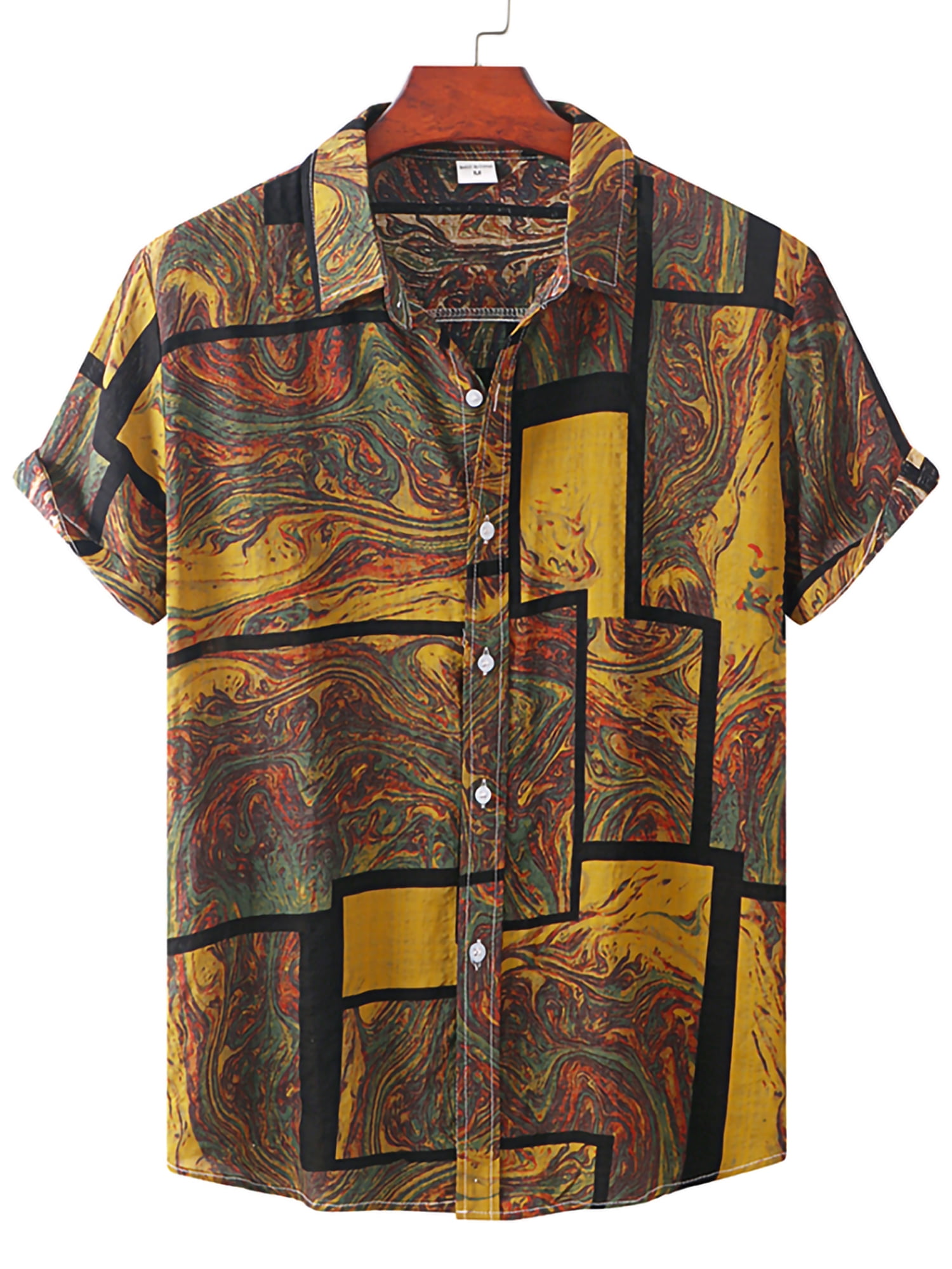 Mens Shirts Funky Hawaiian Classic Vintage Printing Long Sleeve V Neck Button Down Loose Casual Tees Shirt Summer Beach Party Tops 