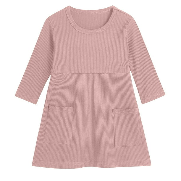 Odeerbi Niñas Vestido de Manga Larga de Punto Elástico Primavera Otoño Vestido de Algodón Con Bolsillo Color Sólido Vestido de Cuello Redondo