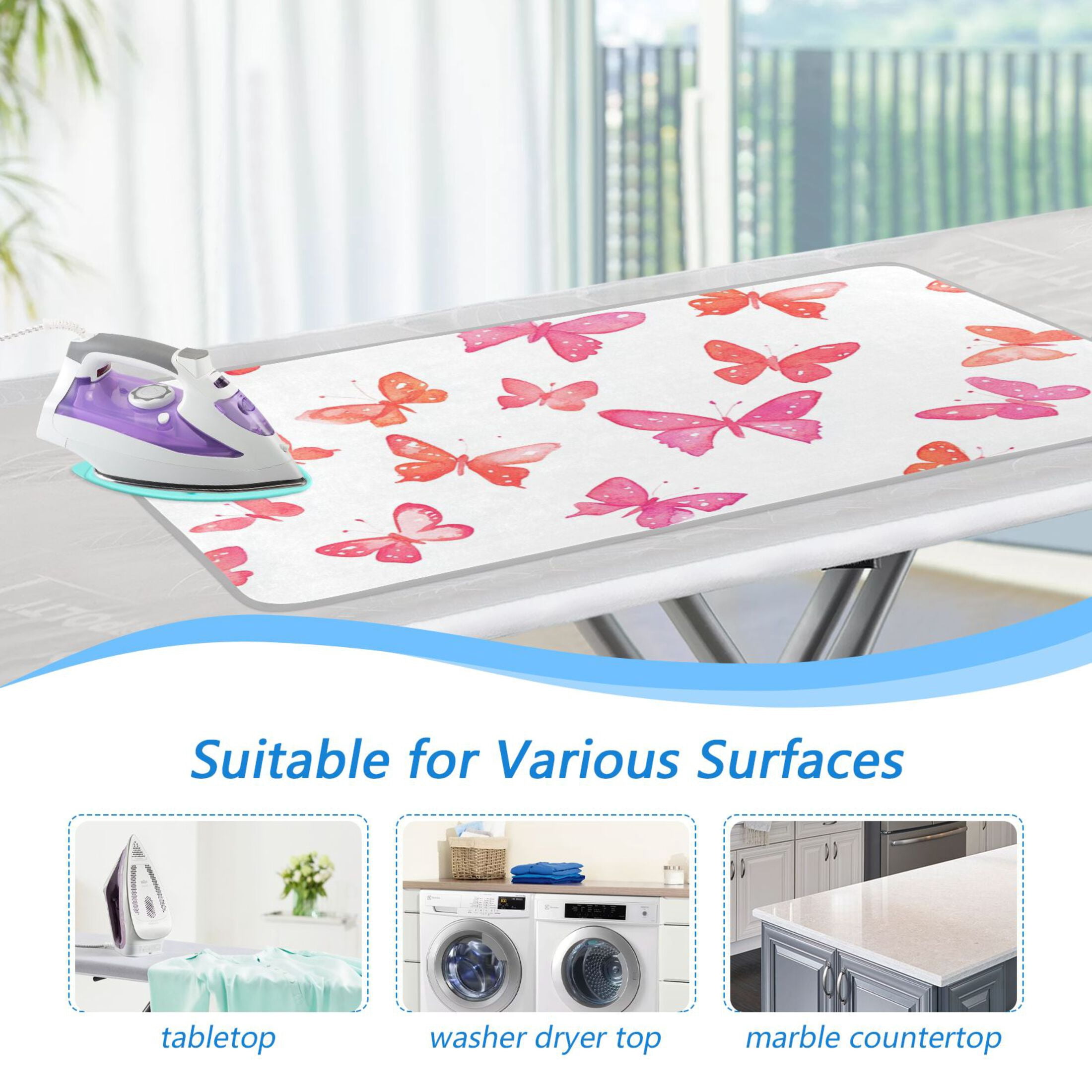 Watercolor Pink Butterfly Ironing Mat Blanket for Table Top Travel Portable Ironing Board Pad 47.2x27.6 Inch