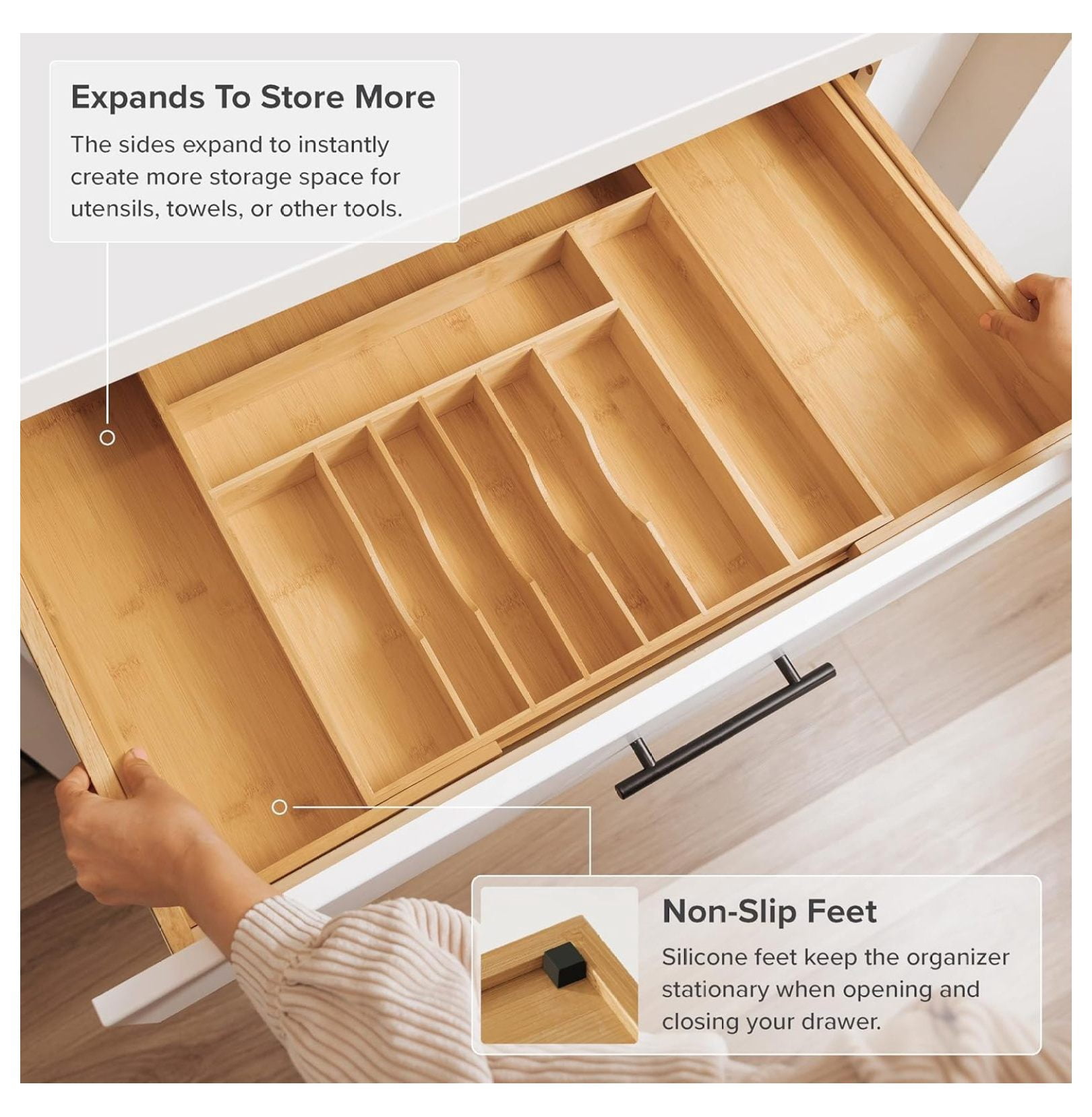 Premium Silverware, Flatware and Utensil Organizer for Kitchen Drawers, Food-Safe Contract Grade, Expandable from 18 to 33 In, Natural Bamboo