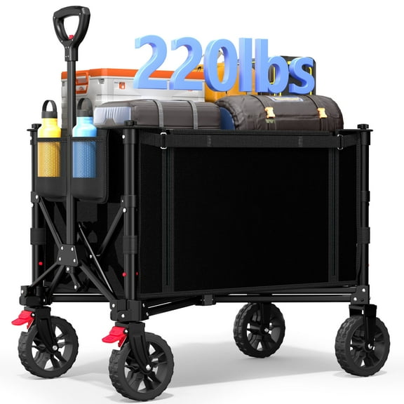 Foldable Wagon with Expandable Storage Space & Locking Front Wheels, Portable Collapsible Wagon Cart with 2 Cup Holder for Groceries, Camping, Shopping, Garden, Beach