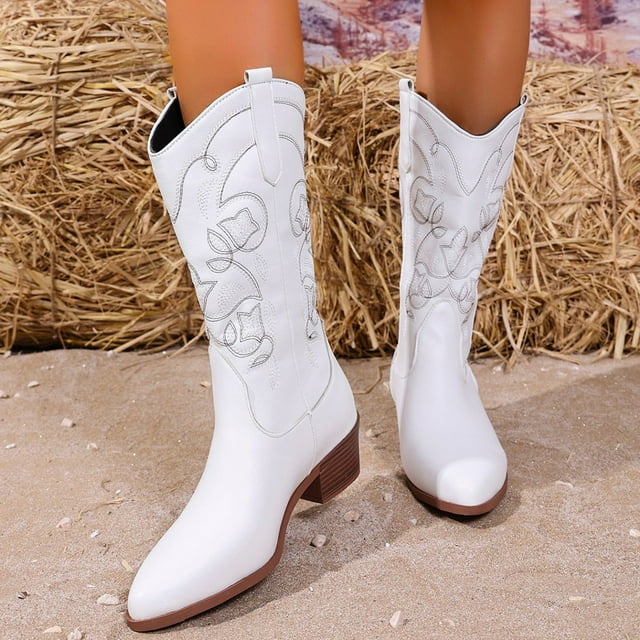 XIMIN Women Cowboy Boots Cowgirl Western Pointed Toe Boots Pull on Boots with Chunky Heel Fashion Embroidery Stitched Chunky Heel Mid Calf Rodeo Boots