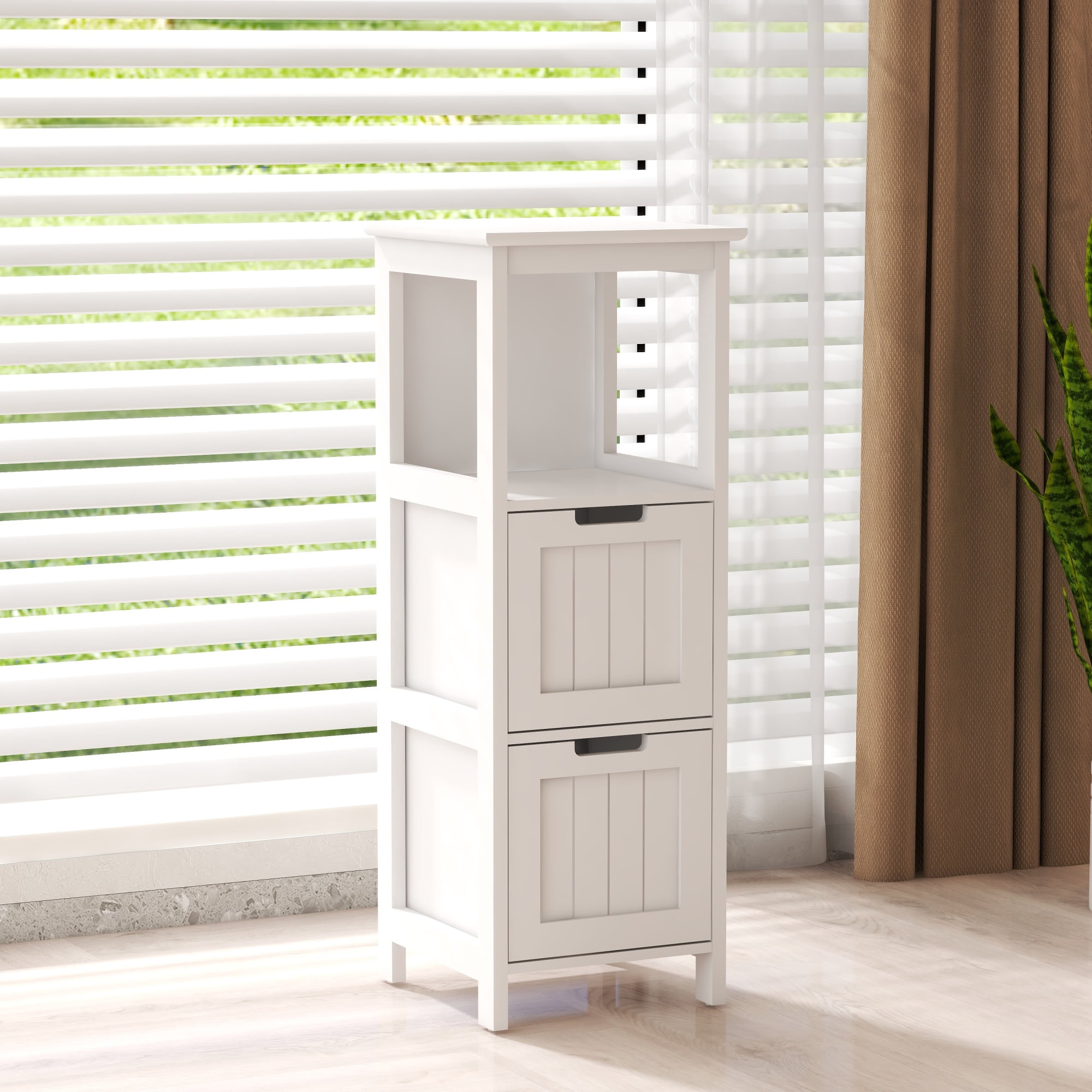 Bathroom Floor Cabinet with 2 Drawers and 1 Storage Shelf,Freestanding Wood Storage Organizer Cabinet-White