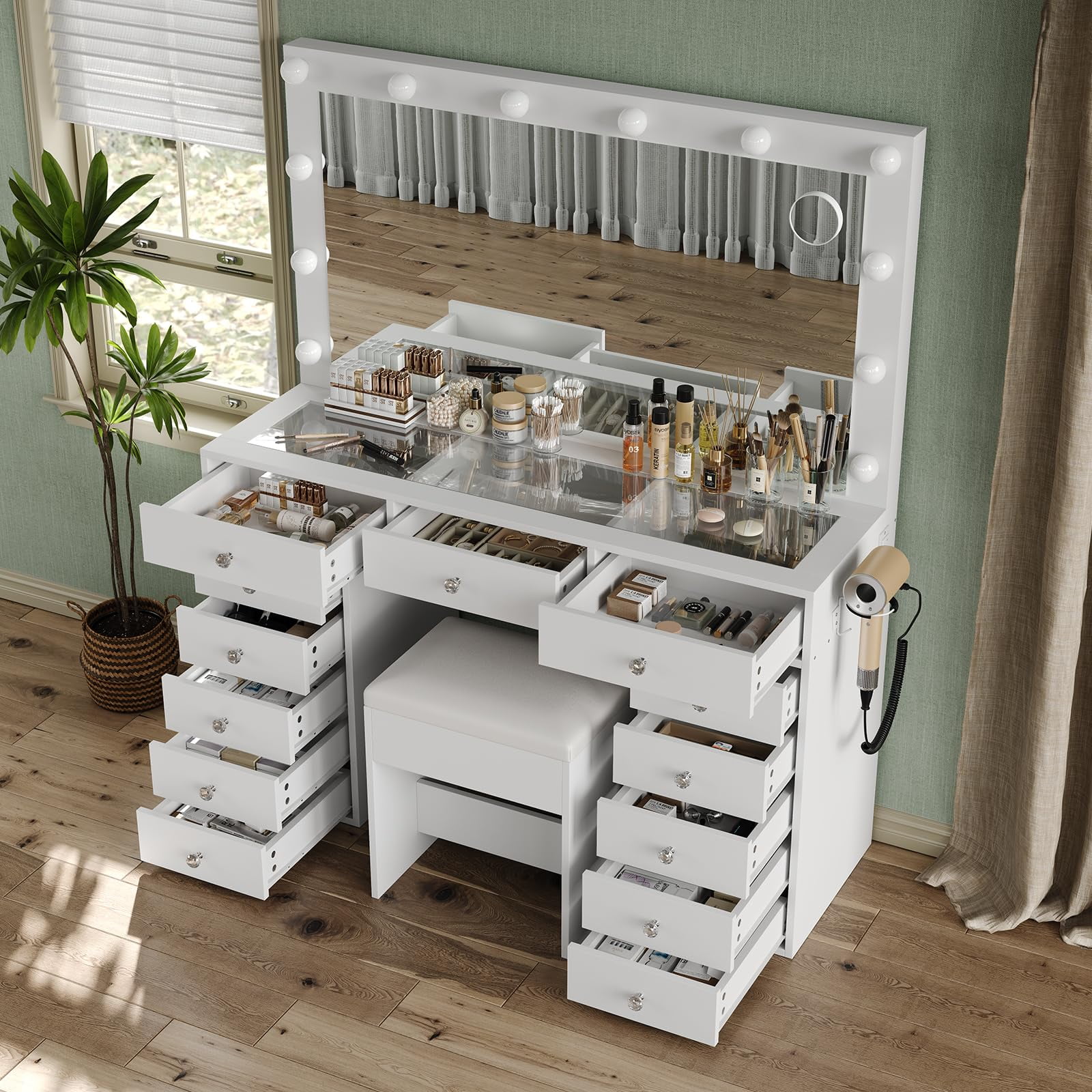 Yanosaku Vanity Desk with 13 Drawers, Glass Top, LED Lighting, Mirror, and Power Outlet