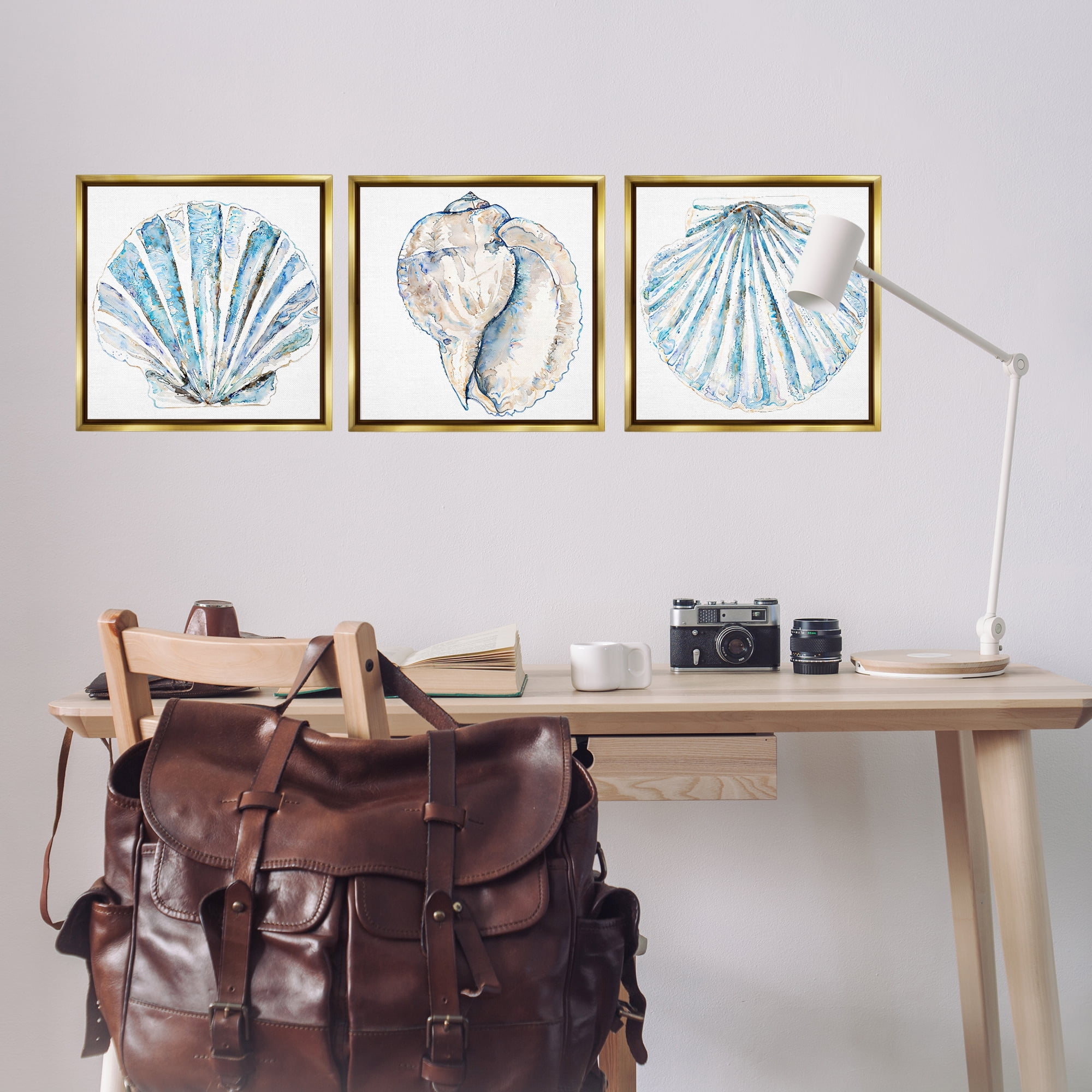 Stupell Industries Clam & Conch Watercolors Nautical & Beach Painting Gold Floater Framed Canvas Art Print Wall Art, 18 x 18, Set of 3