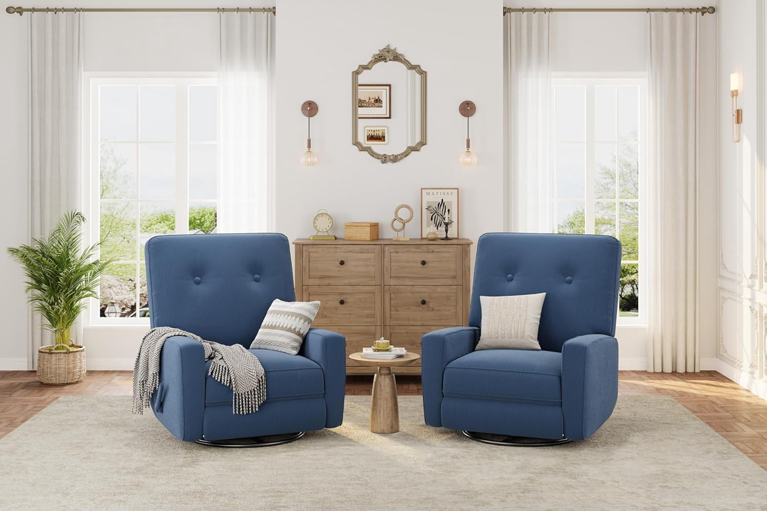 Nursery Recliner Chair, 360° Swivel Rocking Glider Chair for Adults with Adjustable Backrest & Footrest, Upholstered Armchair for Living Rooms, Bedrooms, Apartments, Blue