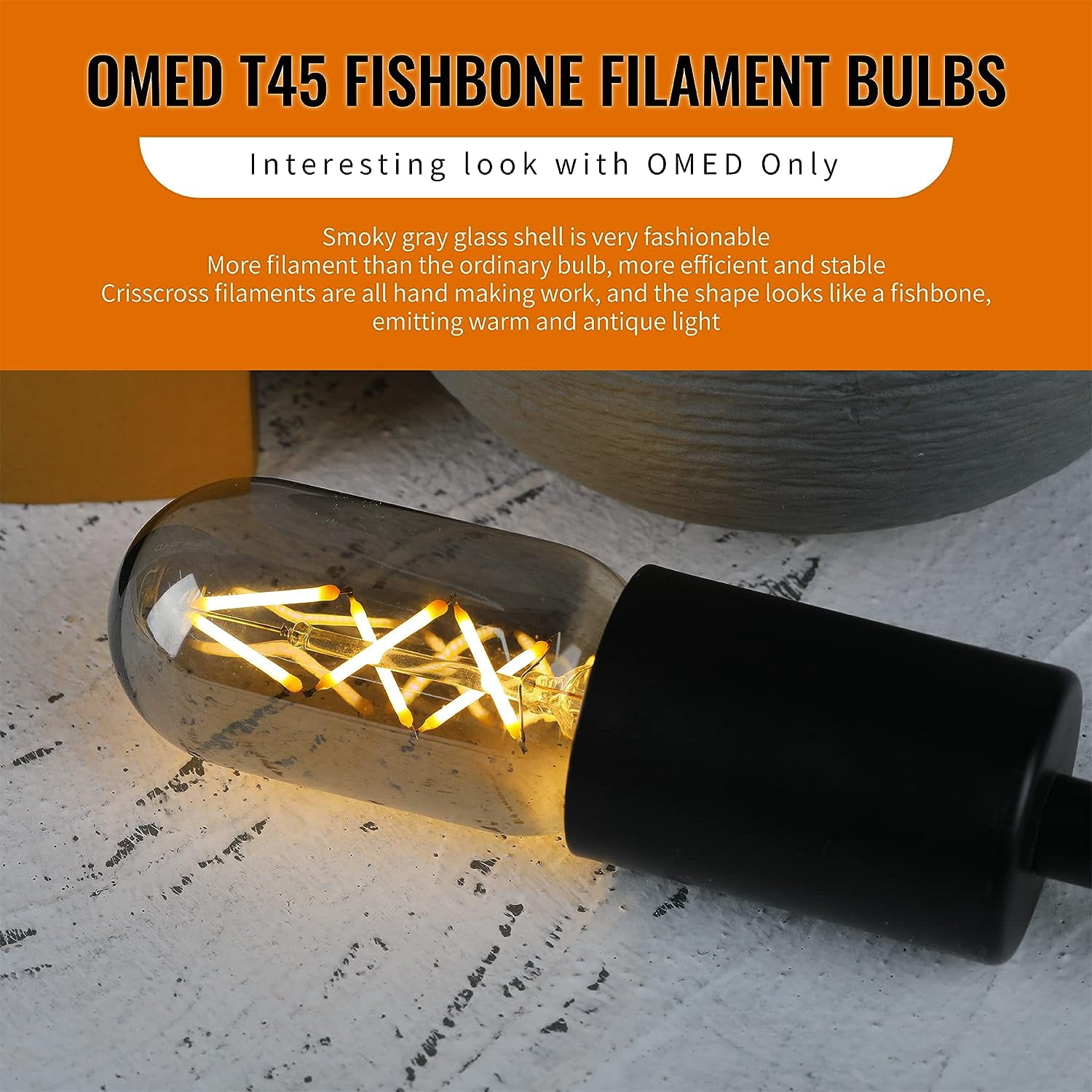 OMED Fishbone LED Filament Dimmable Vintage Edison Light Bulbs, T45/T14 E26 4W Antique Tubular Edison Bulbs 40 Watt Equal, 200LM 2700K SOFE White Spiral Retro Tube Bulbs, Smoke Grey Glass, 6 Pack