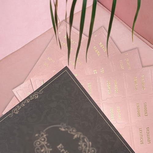 Bible Index Tabs for Women - 80 Large Gold Foil Laminated Leather Paper Bible Study Journaling Supplies, 66 Old New Testament + 14 Blank Self-Stick Tabs Easy Navigation & Organization (Pink)