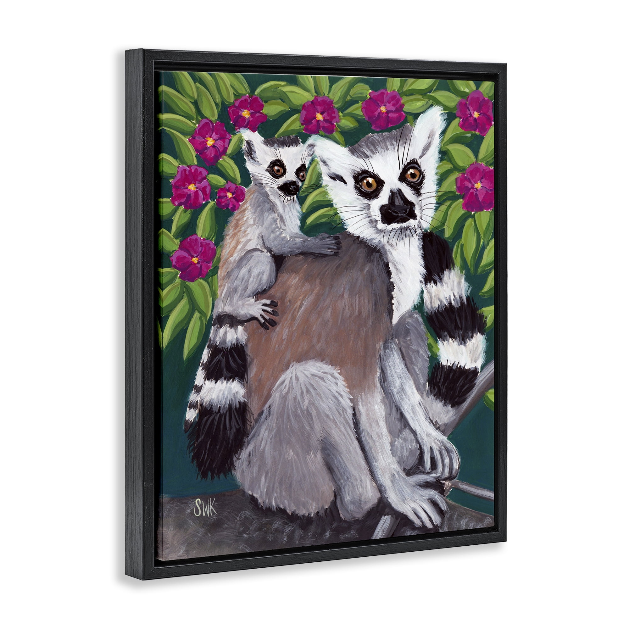 Stupell Industries Ring Tailed Lemur Mama & Baby Black Framed Floater Canvas Wall Art, design by Sarah Waldron Kimball