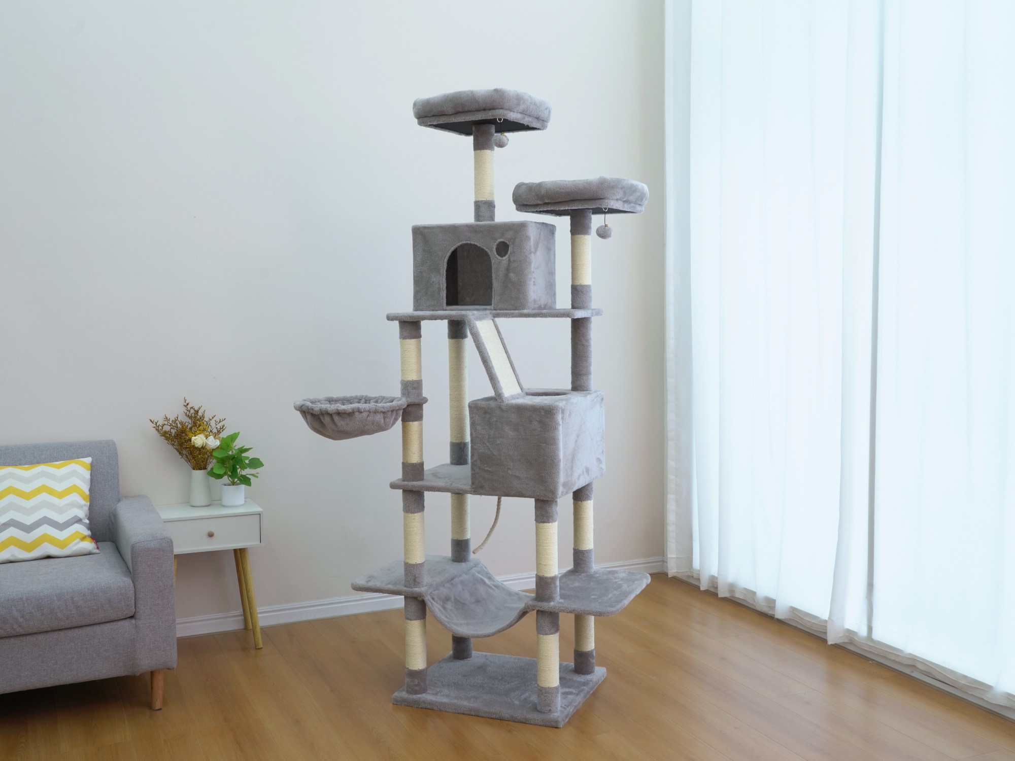 Vibrant Life Heavy Duty 7-Level 81" Cat Tree with Two Condos and Hammock, Light Gray