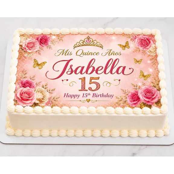 SugarMeLicious Quinceañera Birthday Cake Topper, Personalized Edible Image Cake Decoration, Pink And Gold Floral Sweet 15 Party Theme, Custom 1/4 Sheet Frosting Sheet