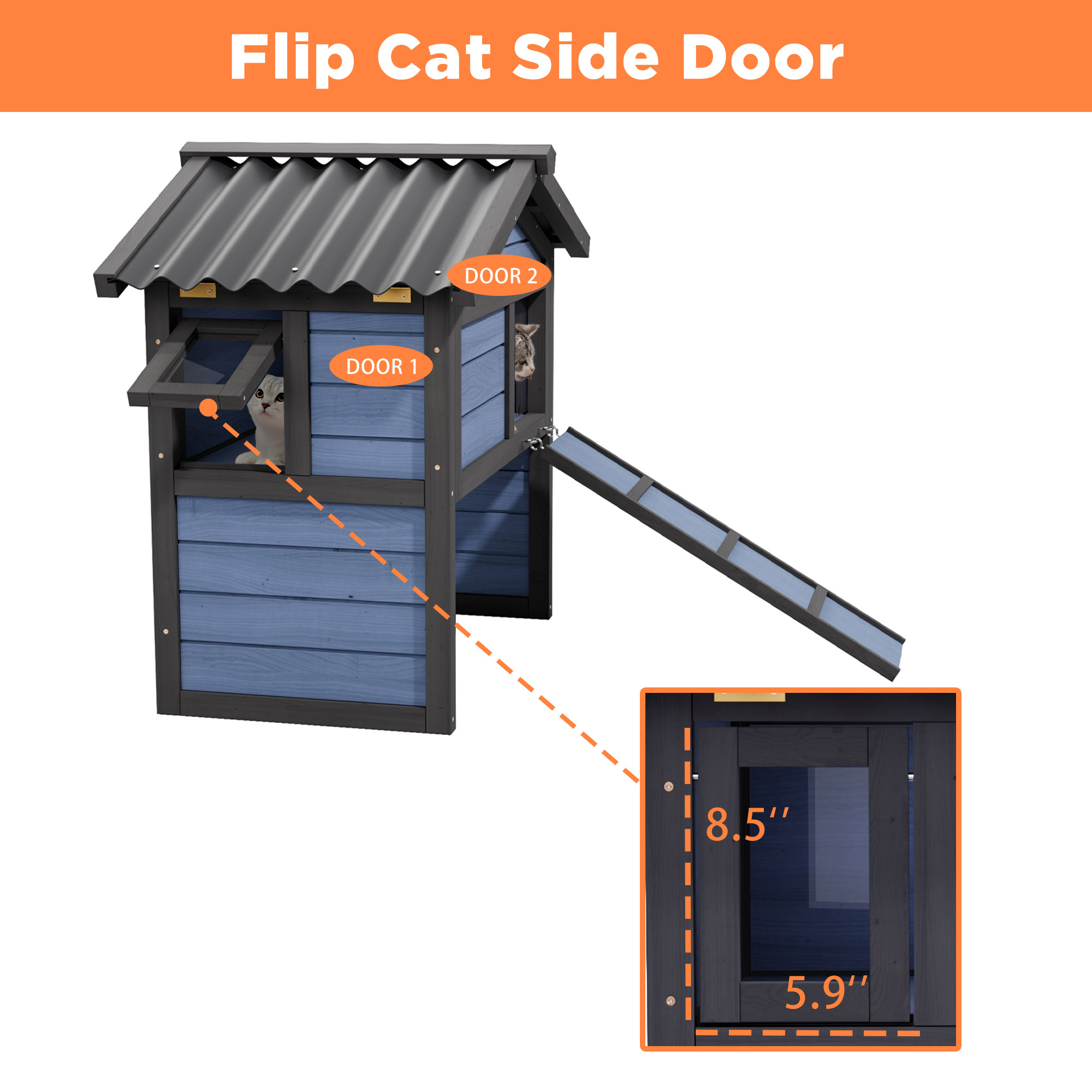 Insulate Cat House with Escape Doors,Outdoor Cat Shelter for Winter,All Weather 2 Story Cat House for Multiple Cat with Openable Roof,Blue