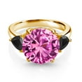 thumbnail image 2 of Gem Stone King 18K Yellow Gold Plated Silver Pink Created Sapphire and Black Onyx 3-Stone Ring for Women (8.52 Cttw, Round 12MM, Trillion 5MM, Size 6), 2 of 3