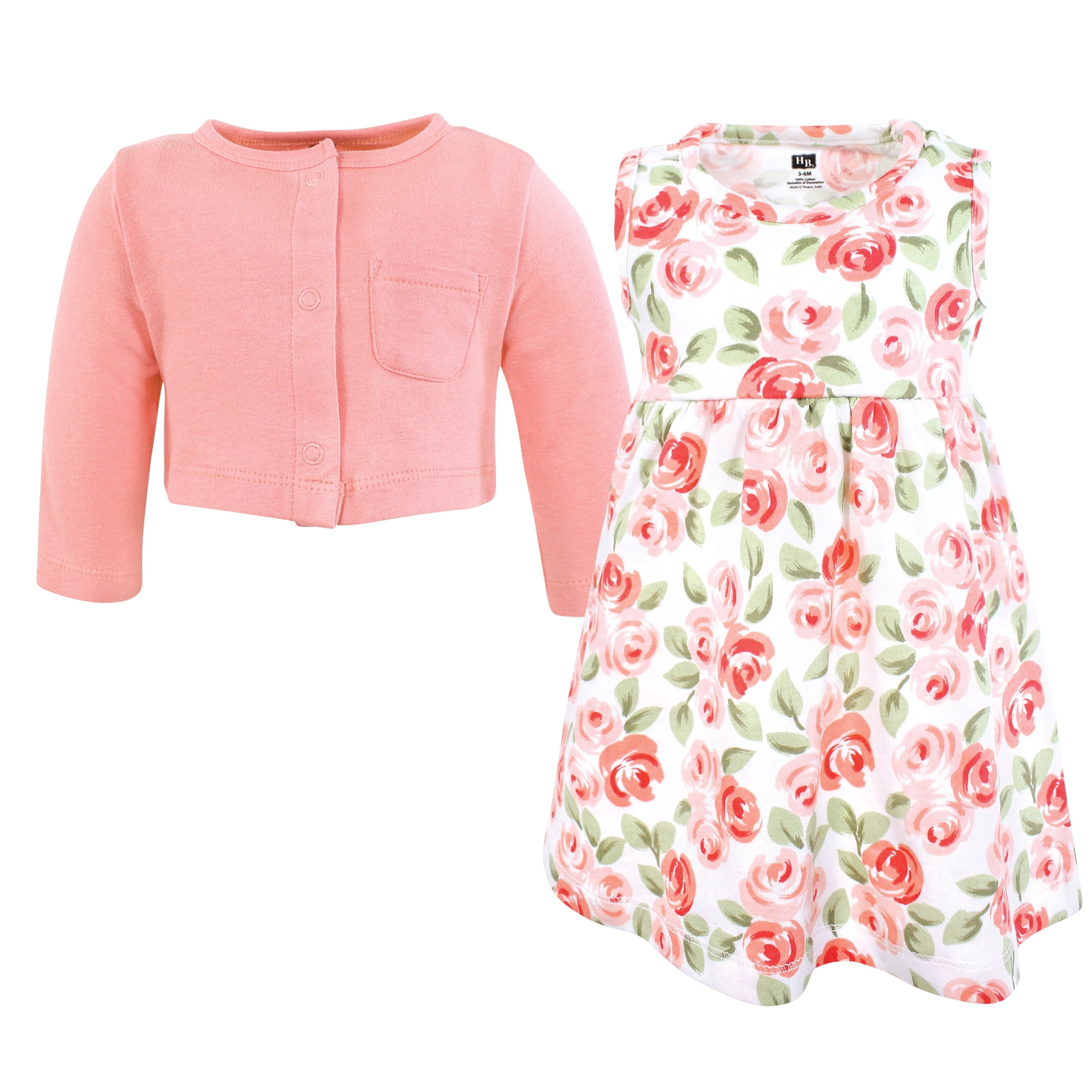 Hudson Baby Infant and Toddler Girls Cotton Dress and Cardigan Set, Coral Floral, 3T