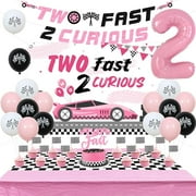Two Fast Birthday Decorations for Girl, Pink Two Fast 2 Curious Banner Backdrop Cake Topper Checkered Tablecloth Balloons, Race Car 2nd Birthday Decor, Let’s Go Racing Party Supplies