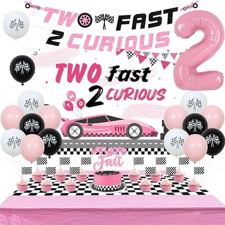 Two Fast Birthday Decorations for Girl, Pink Two Fast 2 Curious Banner Backdrop Cake Topper Checkered Tablecloth Balloons, Race Car 2nd Birthday Decor, Let’s Go Racing Party Supplies