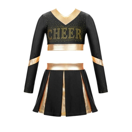 iEFiEL Kids Girls Color Contrast Patchwork Cheer Leader Dance Outfit Rhinestone Letters Print Crop Top with Pleated Skirt Black 14