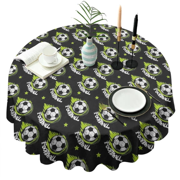 Black Soccer Balls with Green Elements Pattern Round Tablecloth 60"x60",Wrinkle Wipeable Table Cloth for Kitchen Dining Room Picnic Patio Party
