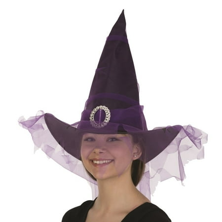 Black Poly Witch Hat with Purple Veil Goth Adult Gothic Costume Accessory