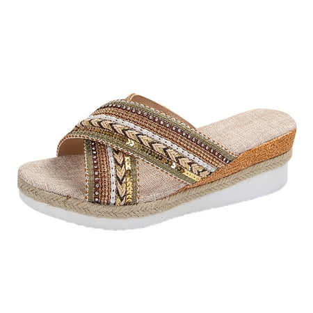 

Women S Slipper Summer Fashion Thick Bottom Slope Heel Ethnic Cool Slippers Open Toe Sequin Slippers