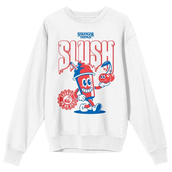 Stranger Things Red and Blue Slush Adult White Crew Neck Sweatshirt-Medium
