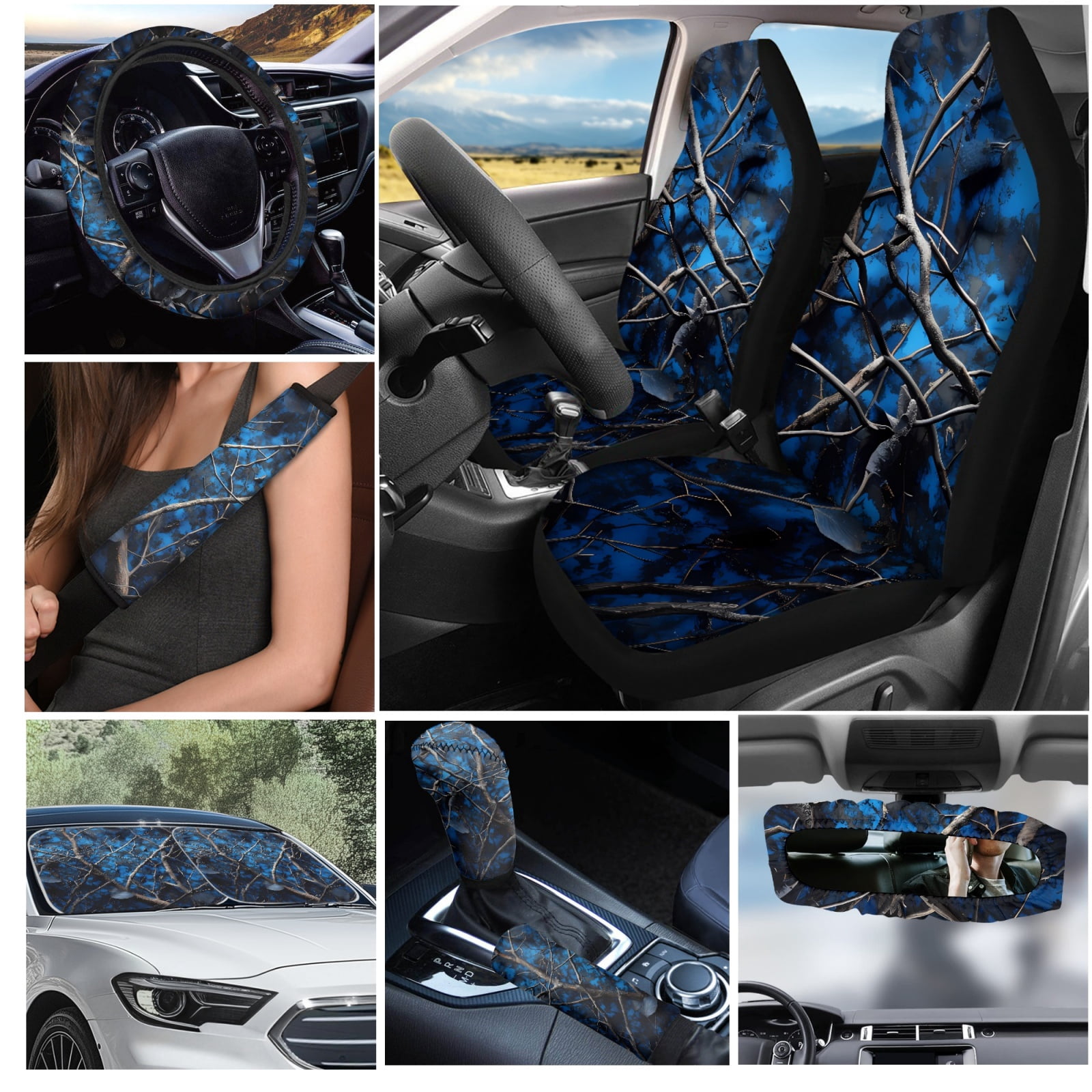 Yuyamidu Camo Hunting Car Seat Covers 16 PCS Blue Wood Steering Wheel Cover Seat Belt Pad Gear Shift Hand Brake Cover Rearview Mirror Cover Coasters Key Chain Sunshade Car Windshield Universal Fit