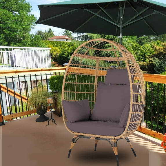 Patio Furniture Egg Chair, Rattan Stationary Egg Chair with Dark Gray Cushions, Large Standing Lounge Egg Chair, 240lb Capacity