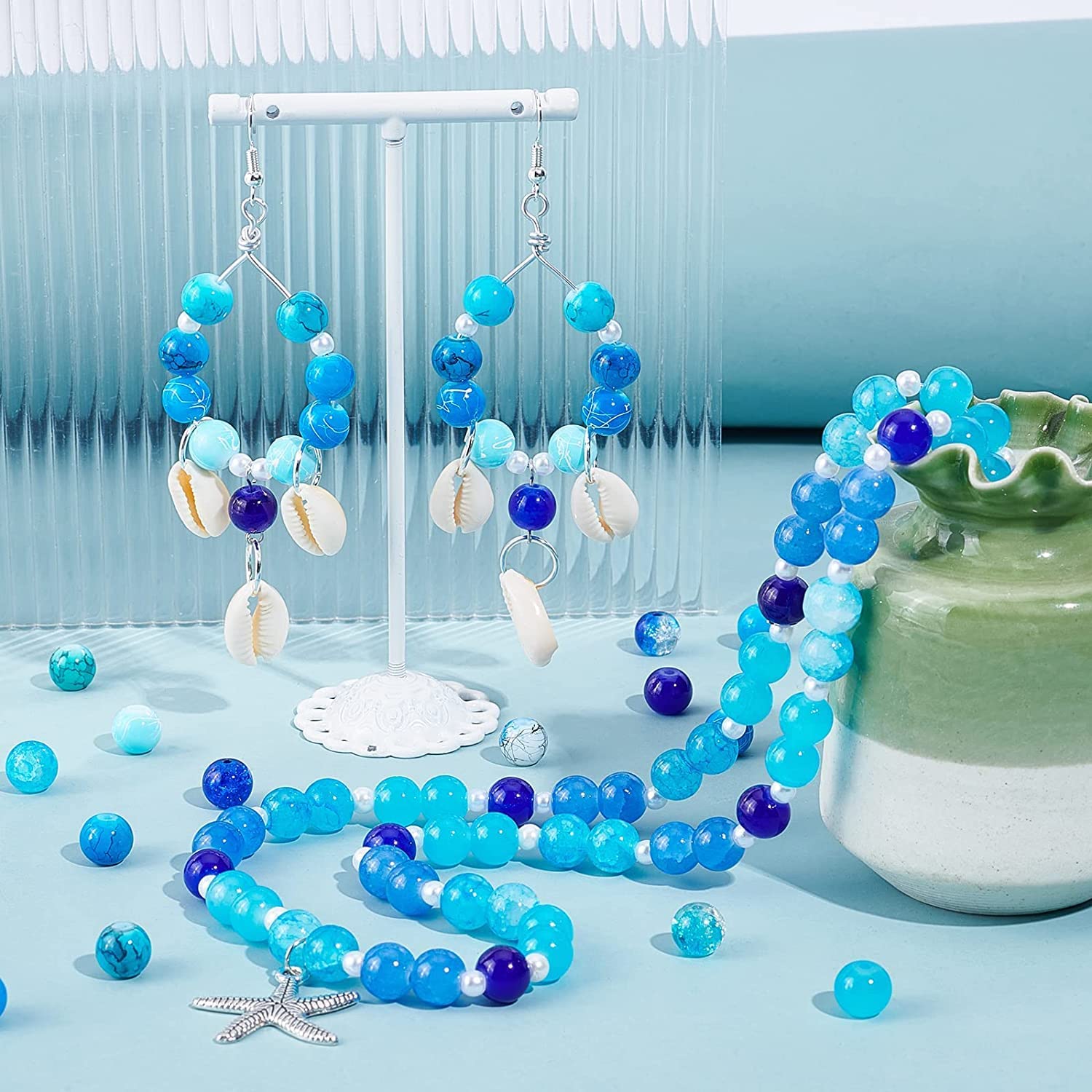 720pcs 8mm Blue Beads for Jewelry Making Glass Beads 24 Color Bracelet Beads Round Craft Loose Beads