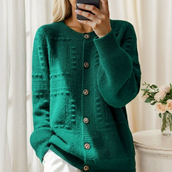 Aueoeo Winter Sweaters Holiday Sweaters Women's Round Sleeved Solid Color Breasted Knitted Sweater Cardigan Cute Sweater