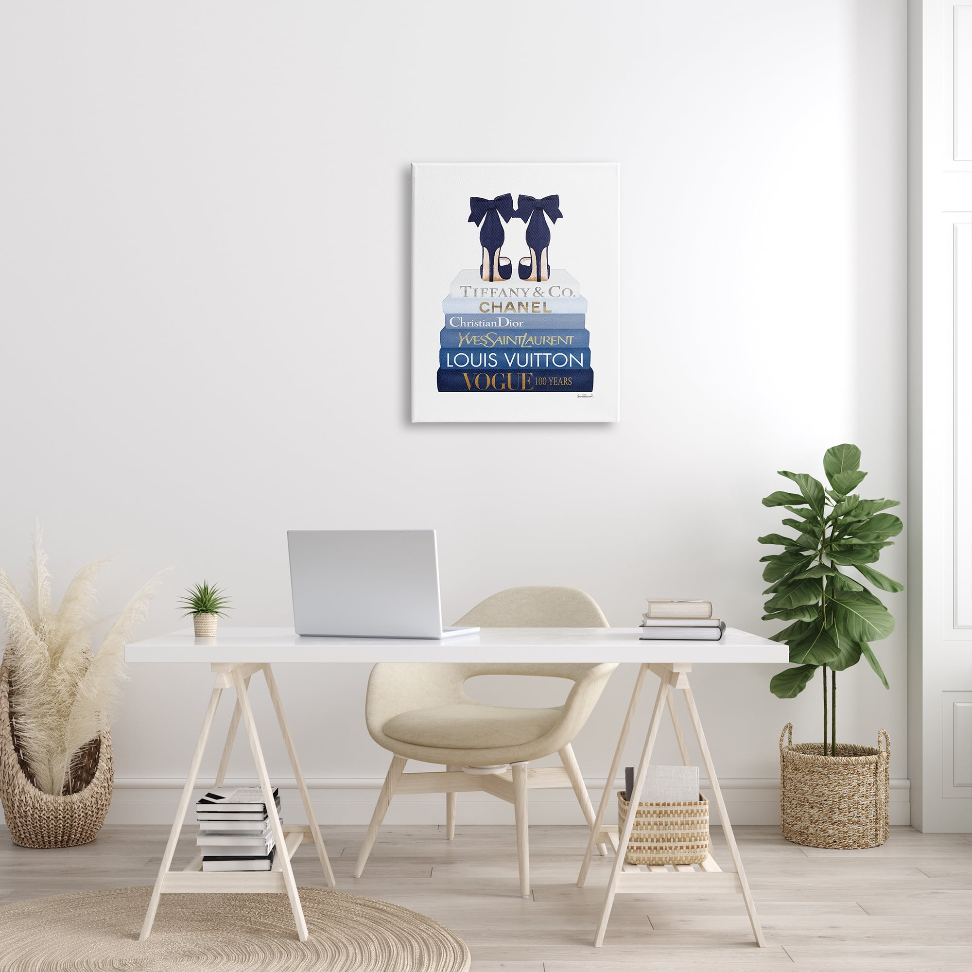 Design by Amanda Greenwood Navy Blue Bow Heels Chic Glam Bookstack 24 in x 30 in Painting Canvas Art Print, by Stupell Home Décor