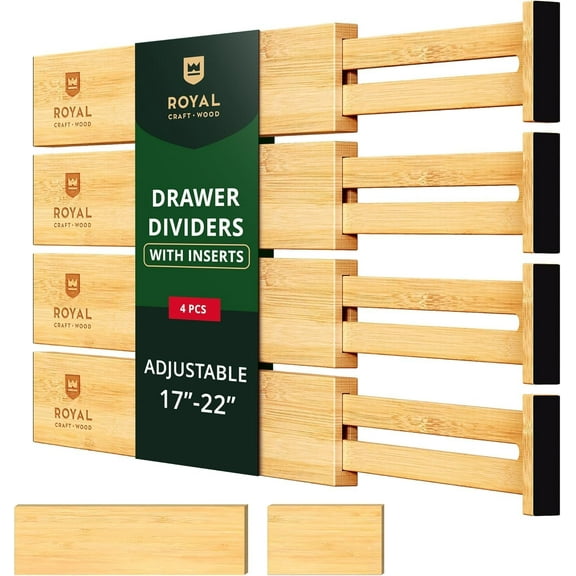 Adjustable Bamboo Drawer Dividers Organizers (17-21.5") with Inserts - Expandable Drawer Organization Separators for Kitchen Utensils, Clothes, 4-Pack