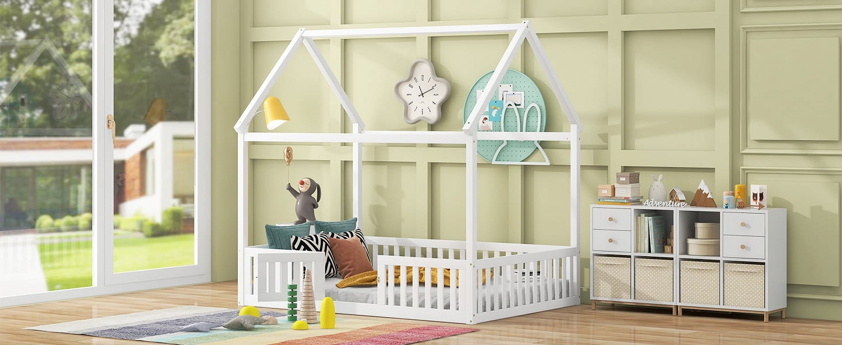 MAYEERTY Full Size Wood House Bed with Fence and Door, White