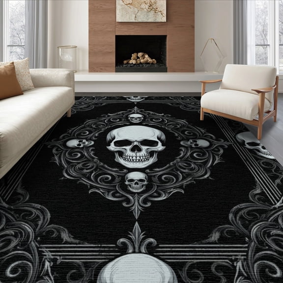 ODIKA 8'x10' Washable Area Rug Non-Slip Chair-Friendly Mat Gothic Vintage Ghost Skull Center Ornate Scroll Border Horror for Dining Room, Large Office, Lounge