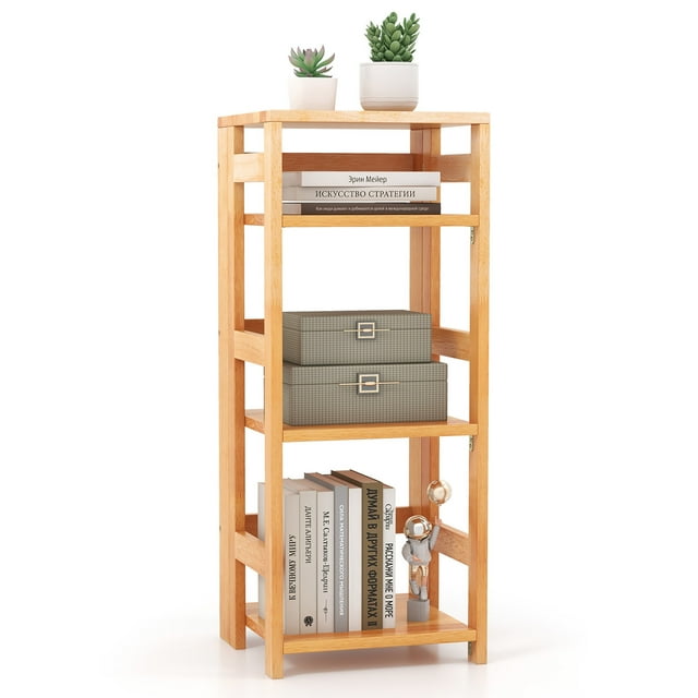 Gymax 4-Tier Bookshelf Floor Storage Shelf w/ Rubber Wood Frame Anti-Toppling Kits