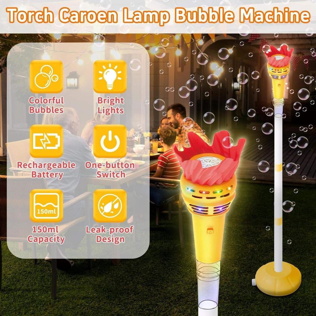 Light Up Music Bubble Machine With Sound Effects Torch Shape Bubble Blower with Rechargeable Design For Park Beach Game