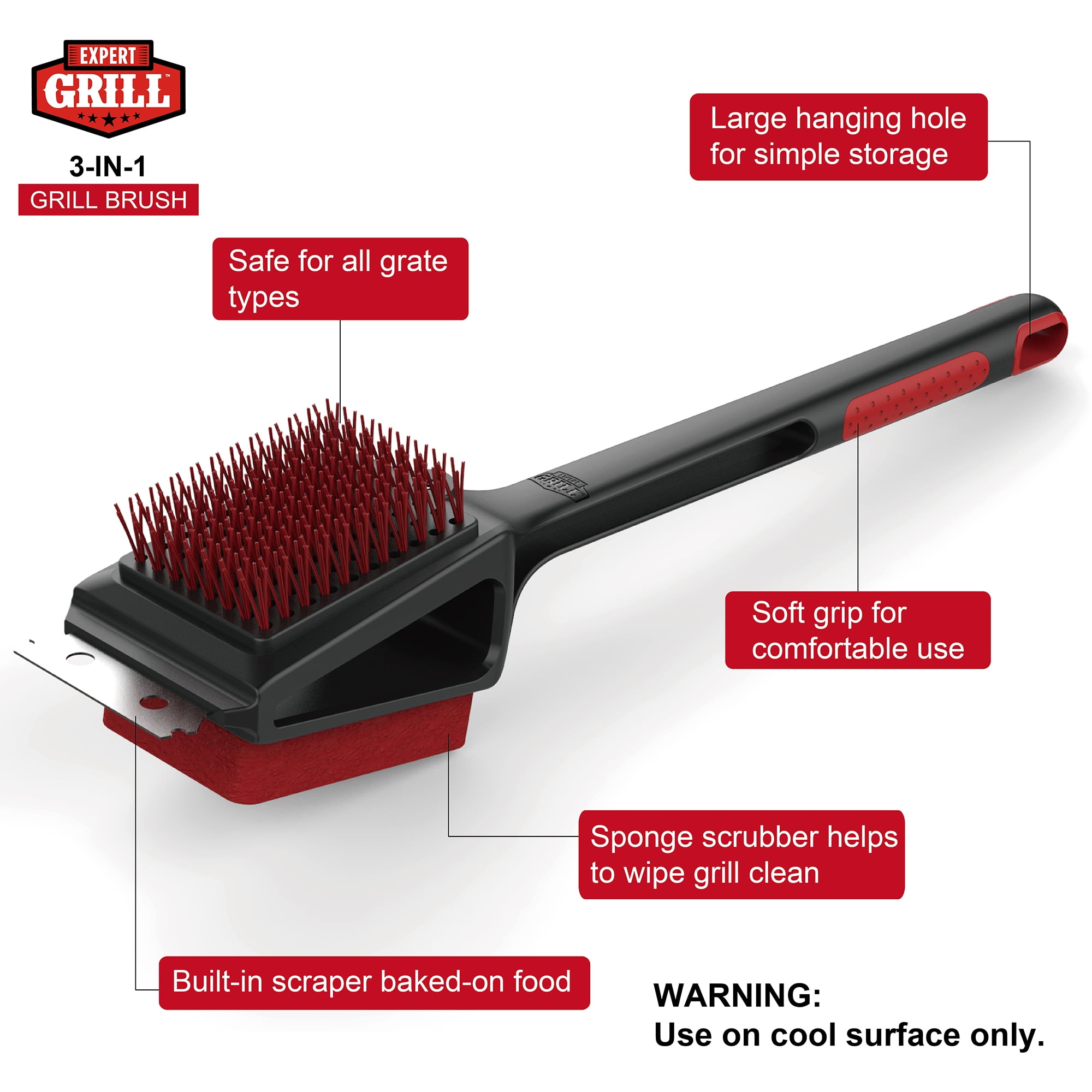 Expert Grill Grill Brush Soft Grip 3-in-1 Barbecue Cleaning Brush 