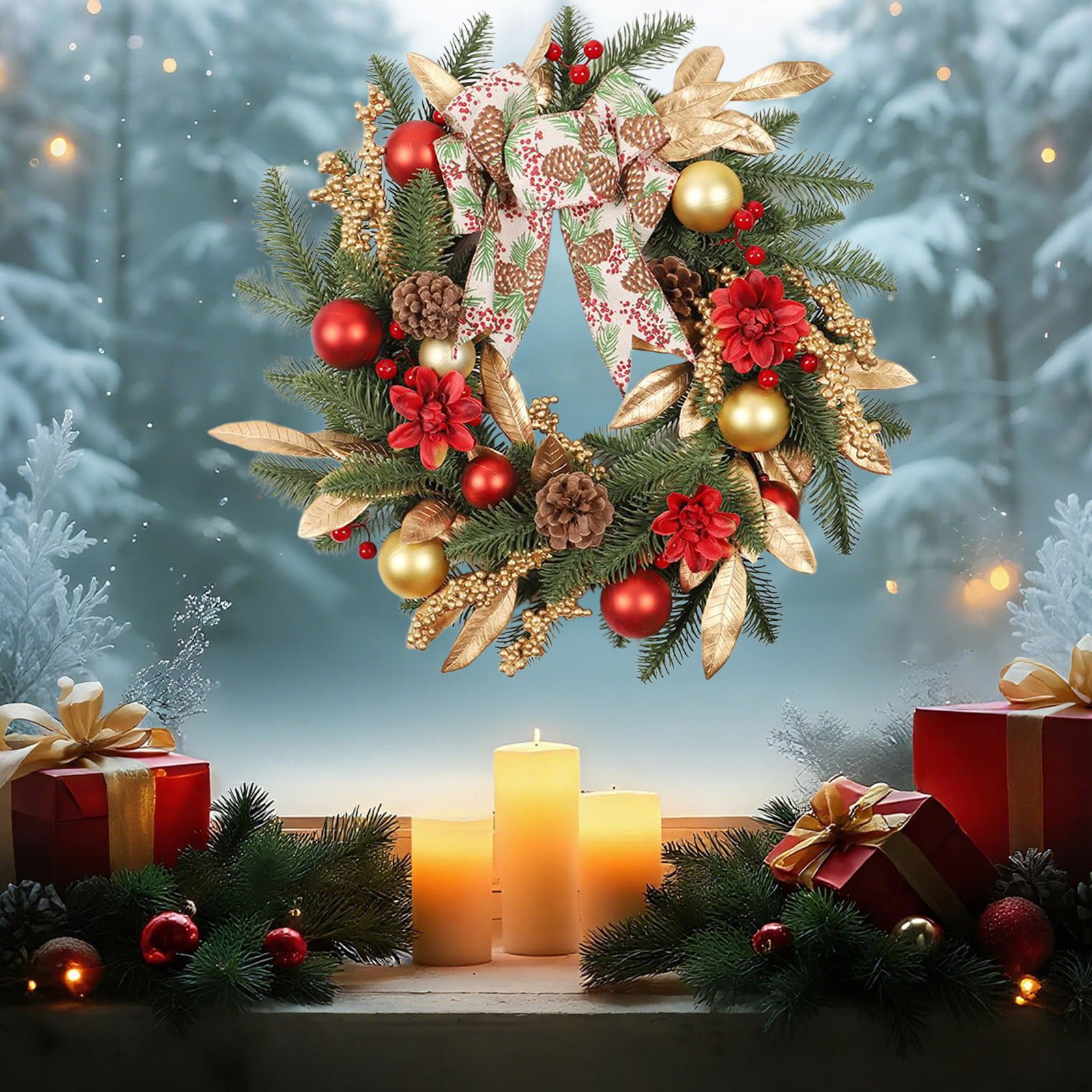 Wzzjkit 17.72 Inch Christmas Wreath with Red and Gold Ornaments